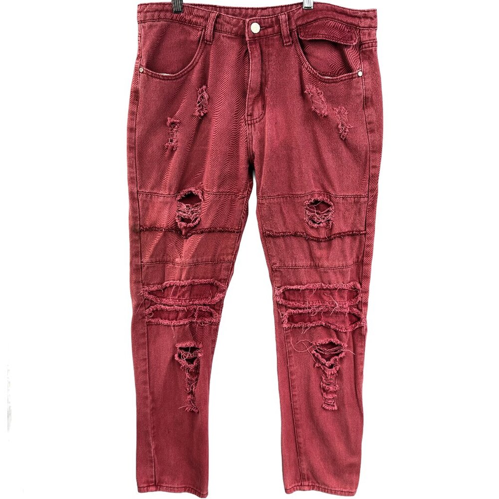 WEEN CHARM Mens Red Distressed Moto Biker / Skater Jeans Slim 32 Grunge Thrashed